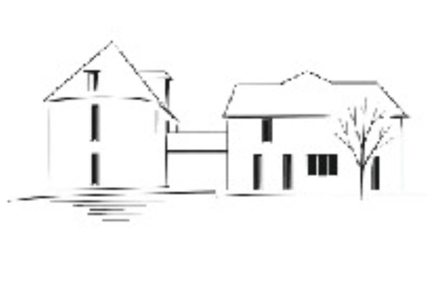 Le Moulin du Commandeur — le moulin, la grange et la passerelle, dessin au trait